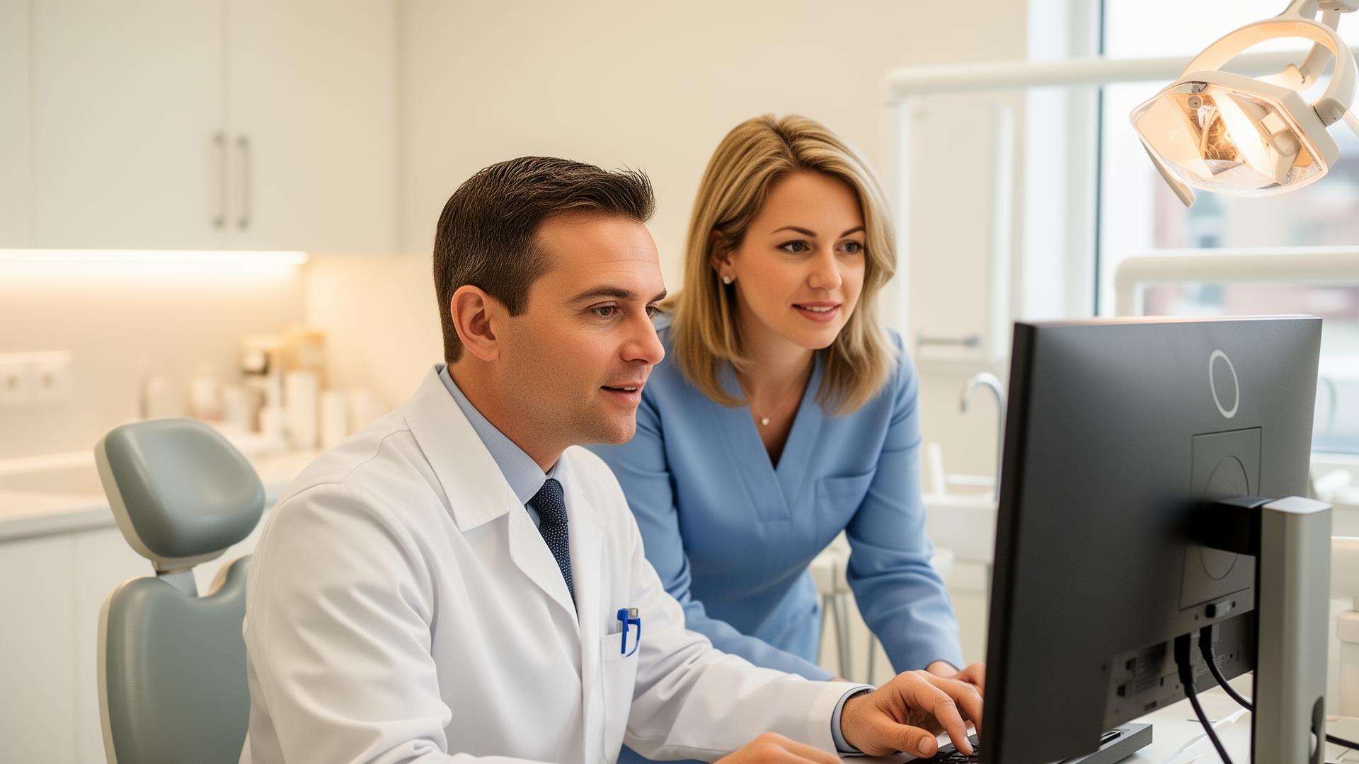 Dentist and office manager reviewing systems on a workstation